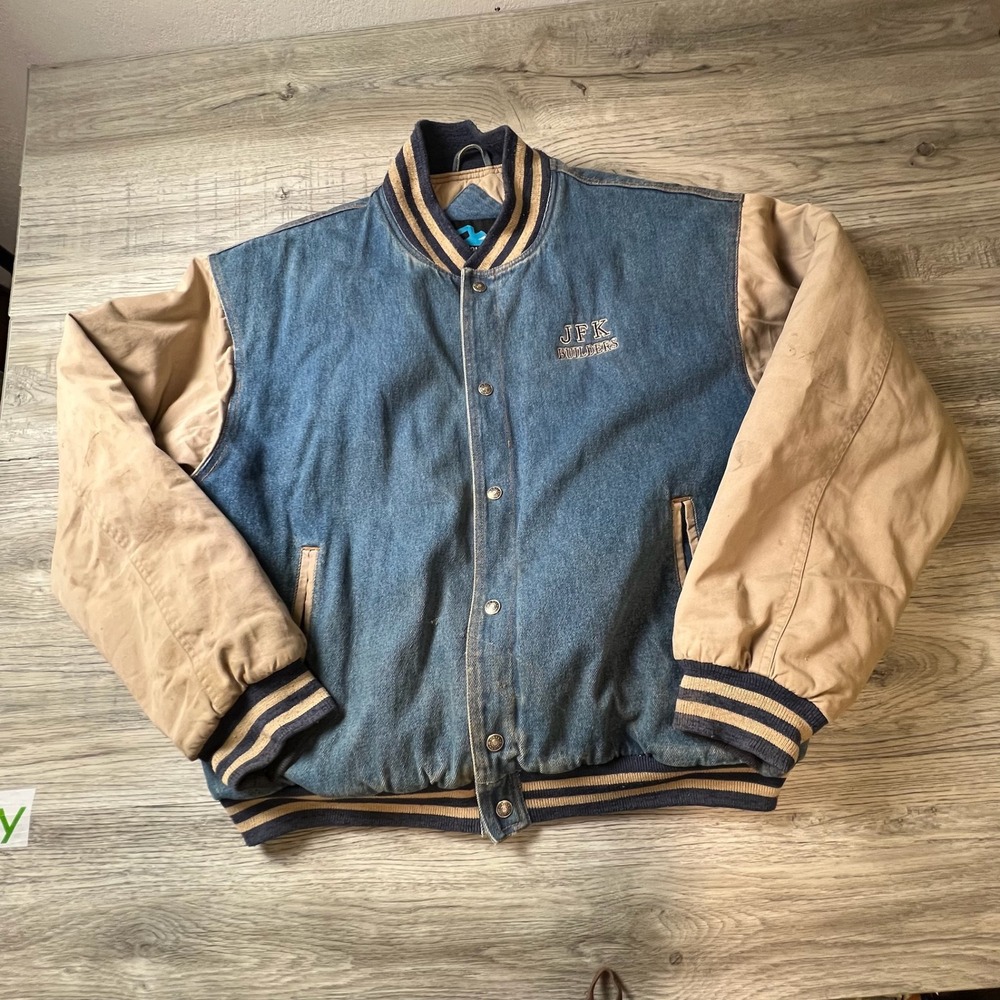 Tri-Mountain Varsity Jacket Mens XL Blue Denim Tan Canvas JFK Builders Vintage